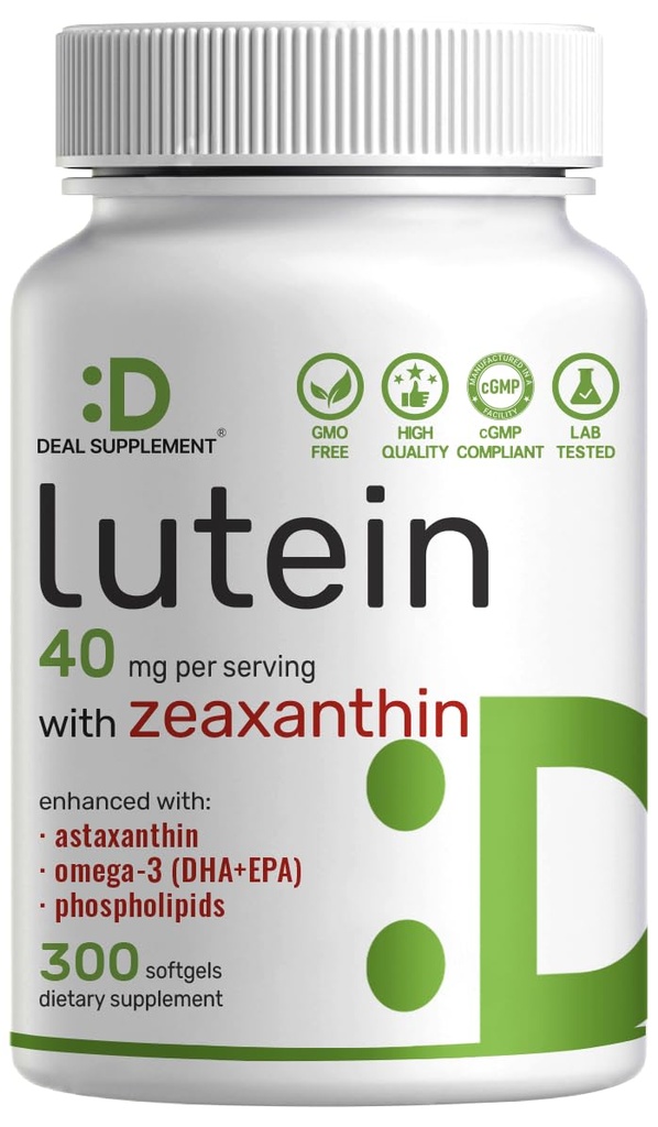 Lutein 和 Zeaxanthin 补编,40 mg Per-service,300 Softgels – plus Astaxanthin, Omega-3s, & Phospolipids – 非 GMO