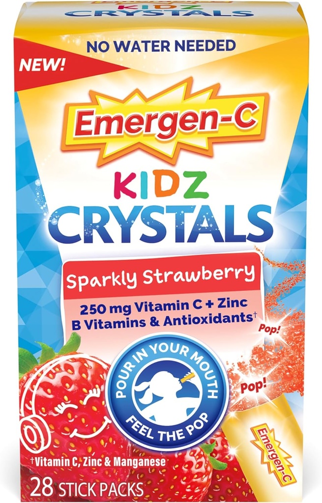 Emergen-C Kidz Crystals,On-The-Go Immune 支持补编,配有维生素C,B维生素,锌和Manganese, Sparkly Strawberry - 28 棒包