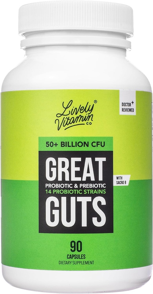 LIVELY VITAMIN CO. Great Guts Probiotic 50亿 CPU Probiotic - 平衡 GUT 微生物群,GI tract,炎症,消化, Reflux, Upset Stomach, & Darrhea - 90 Caps