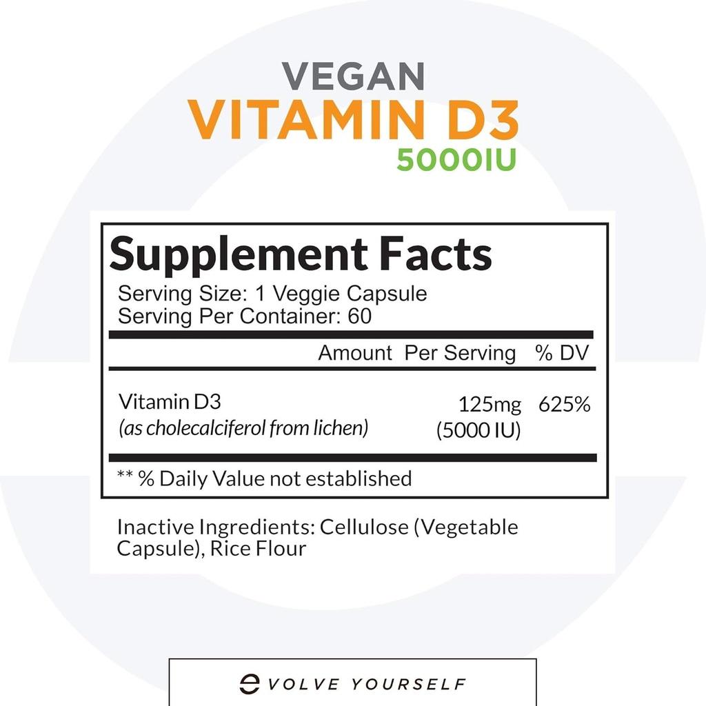 Vegan Vitamin D35000 IU 补充剂 - 纯,高概率 D3 维生素5000 IU 补充剂 免疫健康与强骨支持 - 120 Capsules, 提供2-Month 供应VIT D3