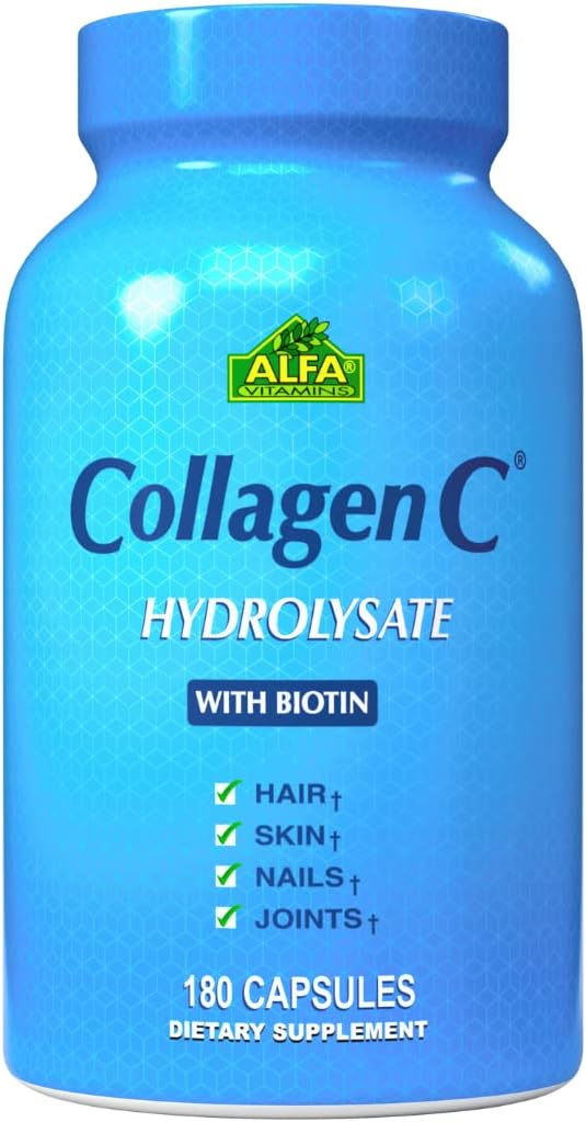 CollagenC - Collagen Hydrlysate Capsules with Biotin by Alfa Vitamins - 皮肤,钉子和头发复发的抗衰老营养补充剂 - 支持骨骼和肌肉 - 美国制造 - 180 Capsules