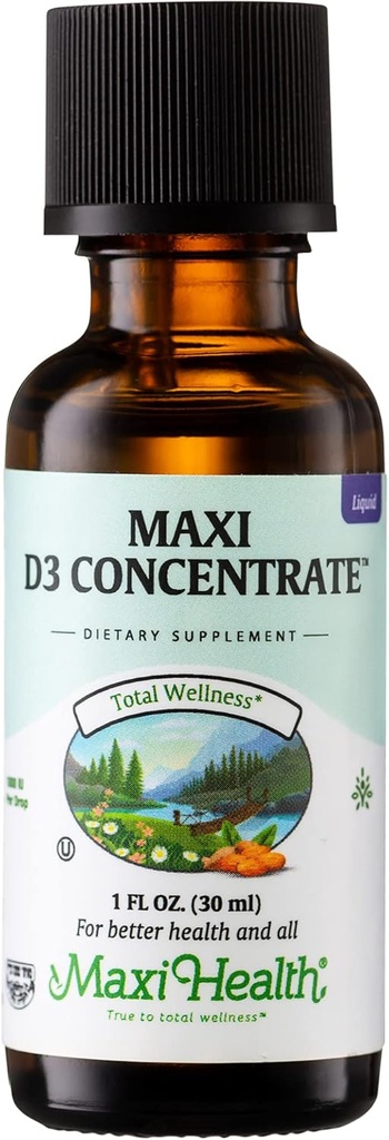 Maxi Health 维生素D3 聚焦-每滴1000IU – 膳食补充-支持成人妇女和男子的钙吸收、免疫健康和骨质健康(1 fl oz)
