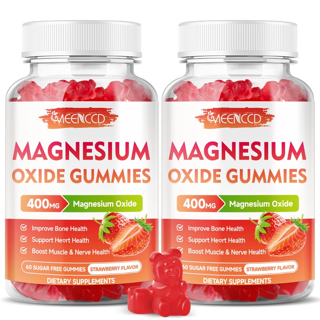 2 Pack Magnesium Oxide Gummys 400mg, Chewable Magnesium Oxide 成人与儿童补充,Nerve与肌肉支持,Non-GMO,无糖,草莓火焰,120 Counter