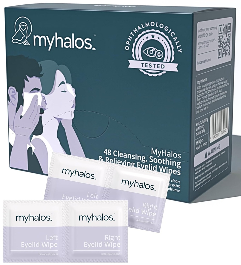 MyHalos® 48 干眼救治水滴眼罩擦拭剂 - 用茶树摩擦和安抚眼罩擦拭剂 - 帮助治疗Blepharitis和计算机视觉综合征,Blepharitis治疗眼罩,清洁剂