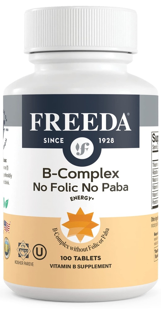 Freeda Vitamin B Complex No Folic No PABA - 超级B Complex Kosher Vitamin 配有Vitamin B1 维生素 B2 维生素 B3 维生素 B5 维生素 B6 维生素 B12 - 女性和男性Vit B Complex B (100 Ct)