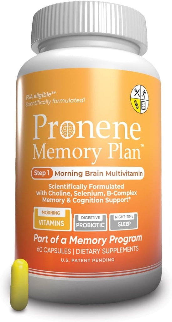 PONENE记忆计划(60 ct) Morning Brain multivitamin | Notropic Supplement w/Cholin, Selenium, Resveratrol, D, & B Vitamins |高级营养支持大脑,豁免和记忆.