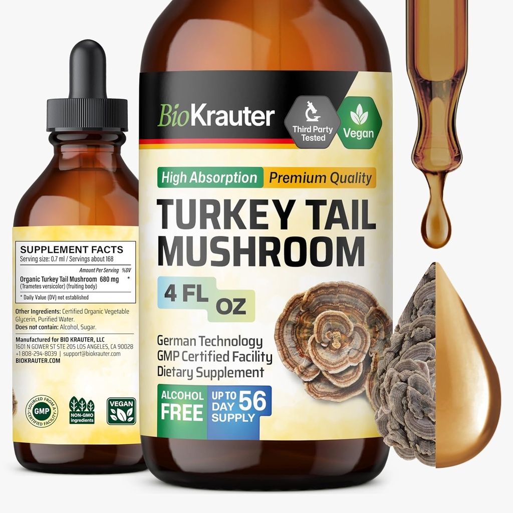 BIO KRAUTER Turkey Tail Mushroom Supplement - Turkey Tail Extract for Immune Support - Vegan, Alcohol & Sugar Free Drops 4 Fl.Oz.