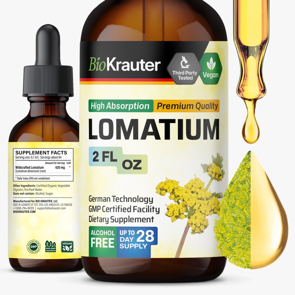 BIO KRAUTER 禄米根丁香 - Vegan呼吸辅助补充 - Lomatium 解剖液提取 - 无酒精和糖 - 2 Fl.Oz.