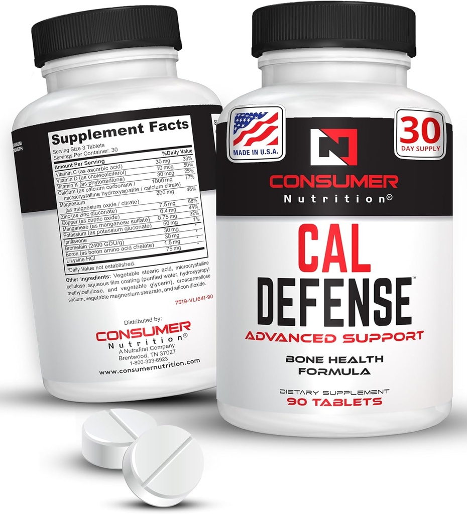 Bone Builder 补充 - Cal Defense Bone 强度钙 女性和男性 - 含维生素D, C, K, 镁, Bromelain, & Ipriflavone 用于强骨 90 钙片的钙