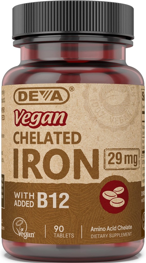 Deva Nature Vegan Chelated Iron 29 mg 与B-12加固 - 高概率,容易吞 - 90片,1-Pack