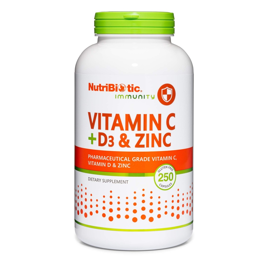 NutriBiotic – 维生素C + 维生素D3 & Zinc, 250 Capsules → Potent, 综合免疫支持 → 基本与抗氧化剂日报补充 → Gluten & GMO Free