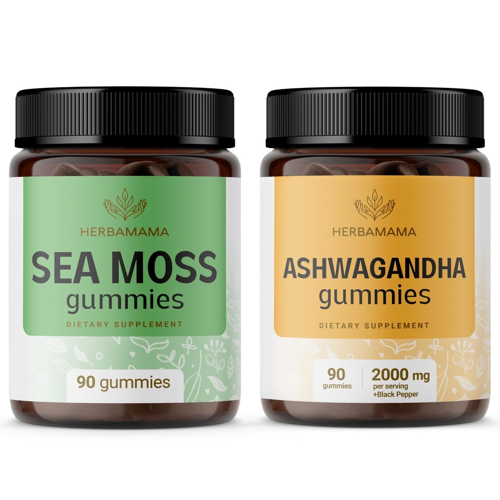 HERBAMAMA 海蚊和Ashwagandha Kit - 1600 mg的海蚊装箱 Bladderwrack & Ashwagandha 根胶 - Vegan,非GMO,无盖拉廷 - 2包