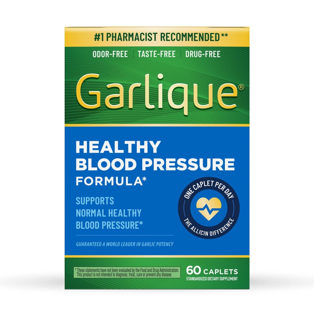 Garlique Garlic 提取补充剂,健康血压公式,无色素 & Vegan, 60 Caplets