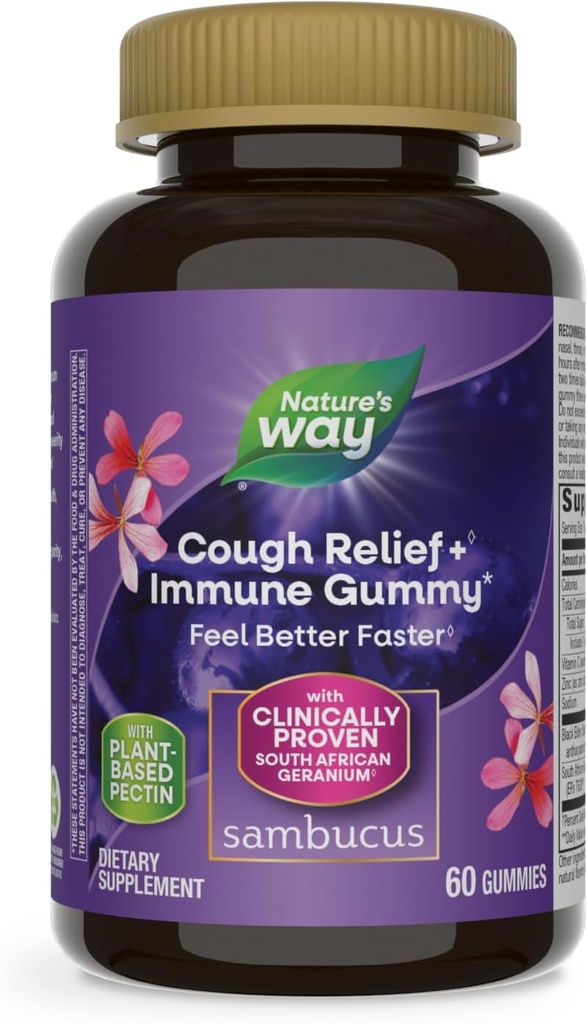 自然之道 Sambucus Cough Relief+, Immune Gummy, Feel Better Feel Fast,临床证明的南非 Geranium 根提取法,配有老莓提取法,维生素C & Zinc, 60 Gummys(包装 May Vary)