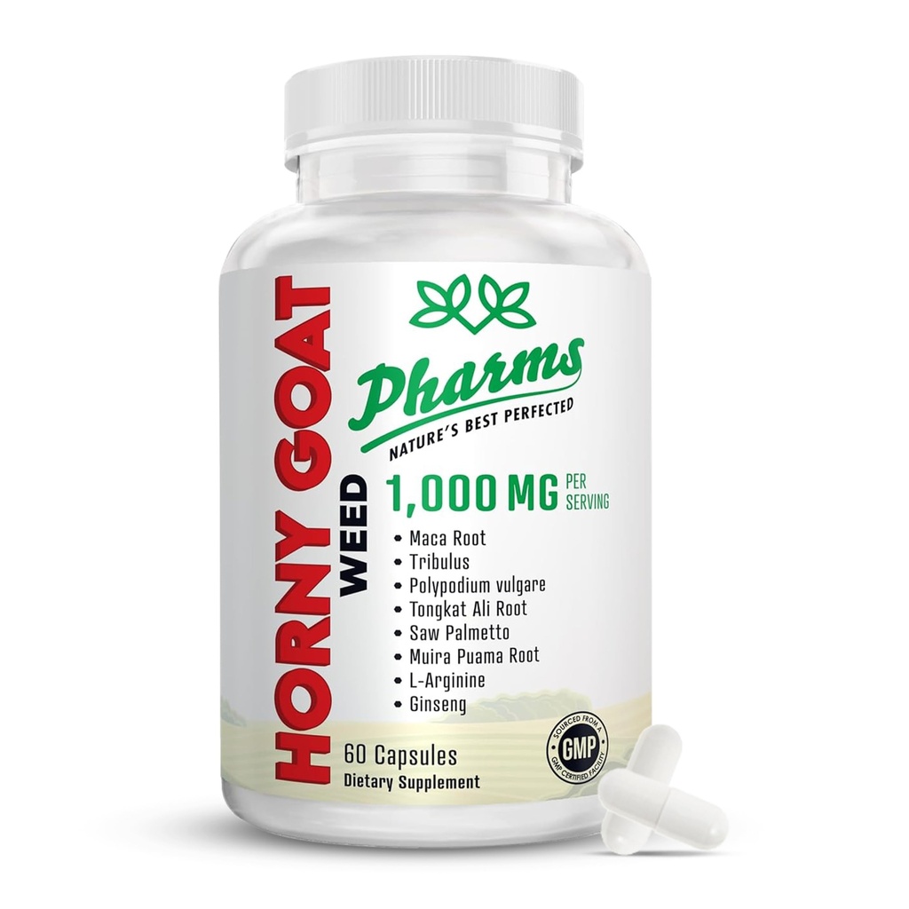 PHARMS Hornygoatweed for Men and Women (1,000毫克) - 能量和Stamina Capsules with Maca Root, Tribulus, Tongkat Ali, Saw Palmetto & Ginseng - 雌性与雄性性能增强补充 - 60 Capsules