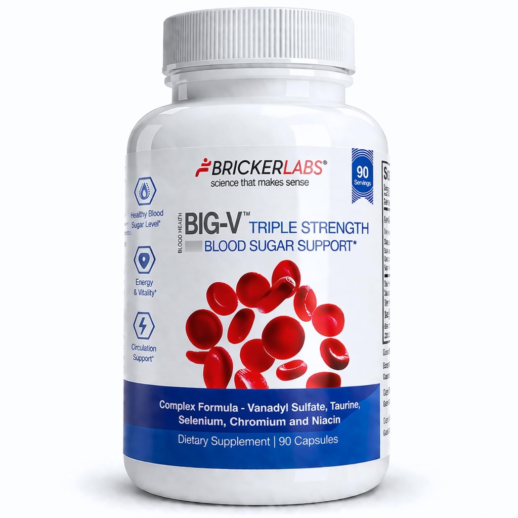 Bricker Labs Big-V 三重强度 Vanadyl 补充: Vanadyl Sulfate 30 mg, Taurine 600 mg, 硒, Chromium 和 Niacin, 混合矿物 补充 Capsules 90 ct