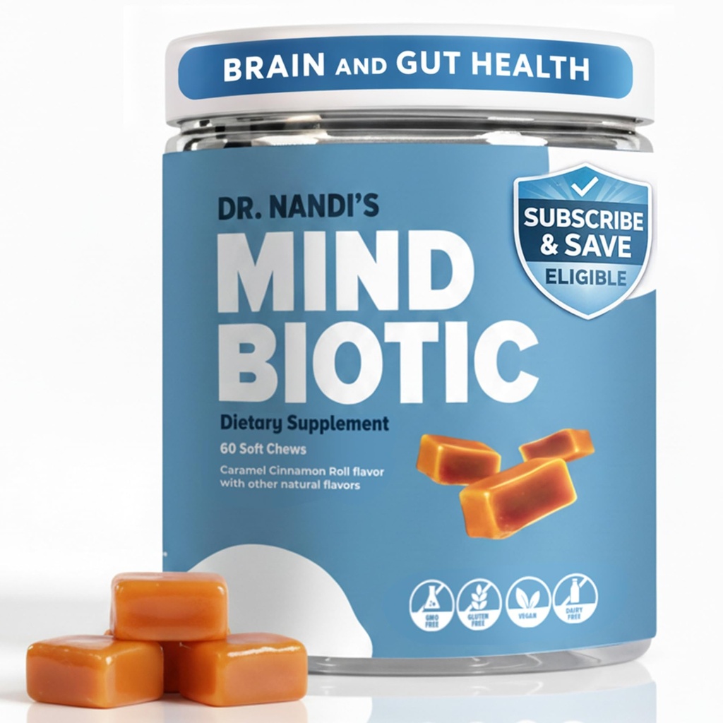 Nandi博士的Mindbiot Brain and Digestive Health Supplement - KSM-66 Ashwagandha, Probiotics & Prebiotics - 支持记忆,焦点,能量和Gut-Brain 连接 - 300MG - 60 焦糖肉