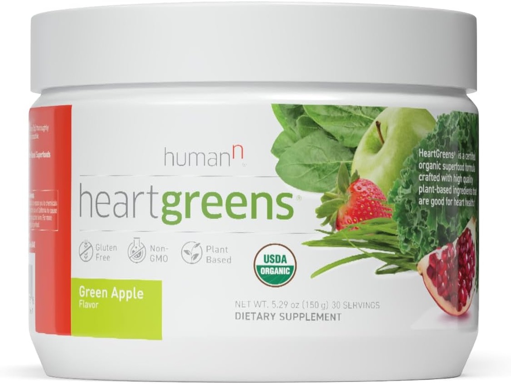 HumanN Heart Greens QQ 配有小麦草,卡莱,菠菜,和Spiruina的超级食品有机粉,来自超级蜜蜂制造者(Green Apple Flavor, 5.29-Ounce)的USDA有机非GMO