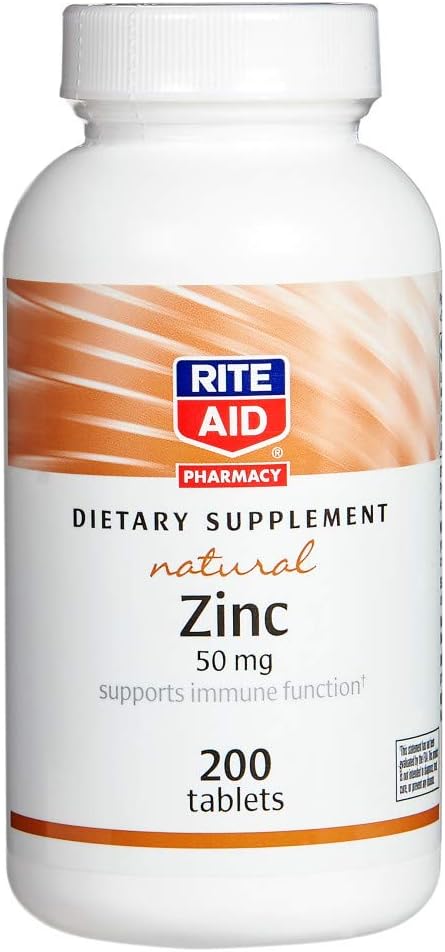 Rite Aid Natural Zinc, 50 mg, 200 片 - 支持Immune函数 - 锌补充剂 - 维生素补充剂 - 天然锌补充剂 - 抗氧化剂健康的基本矿物 - 易向吞