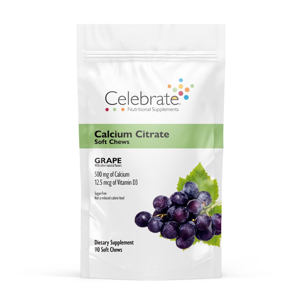 庆祝维生素Bariatric 500 mg 钙 Citrate 软菜,配有500 IU 维生素D3 – 对胃旁通病人和骨健康至关重要 – 糖和葡萄免费(90 Chews)