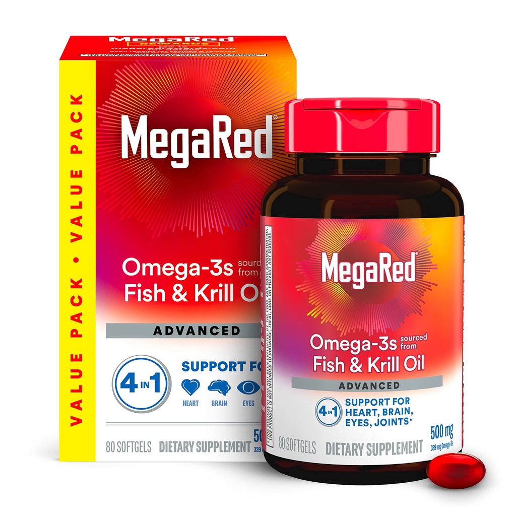 Megared Omega-3 鱼油 + 高吸收磷虾油 500mg 软胶,MegaRed Advance 4in1(80个瓶子) 集中Omega-3 鱼和磷虾油补充剂