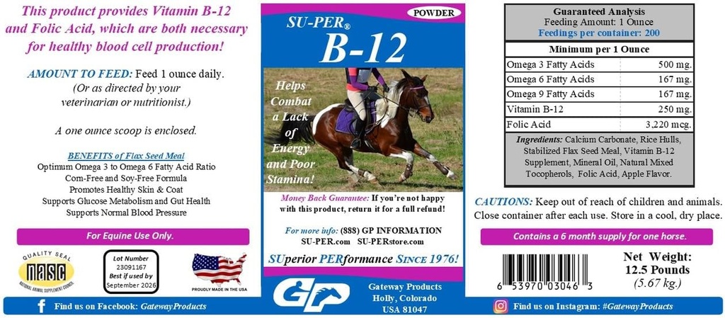 SU-PER B-12 能量马补充剂 - Equine Vitamins B-12 & B-9 叶酸支持粉 - 12.5英镑,6个月供应量