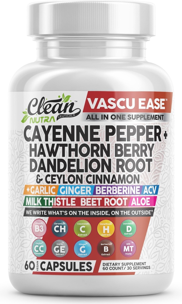 清洁的Nutra Cayenne Pepper Capsules 配有 霍桑贝里、丹德利翁根、锡兰肉桂、大蒜、姜汁、柏柏林、苹果苹果苹果苹果醋、牛奶硝、甜菜根、阿洛韦拉药丸和更多