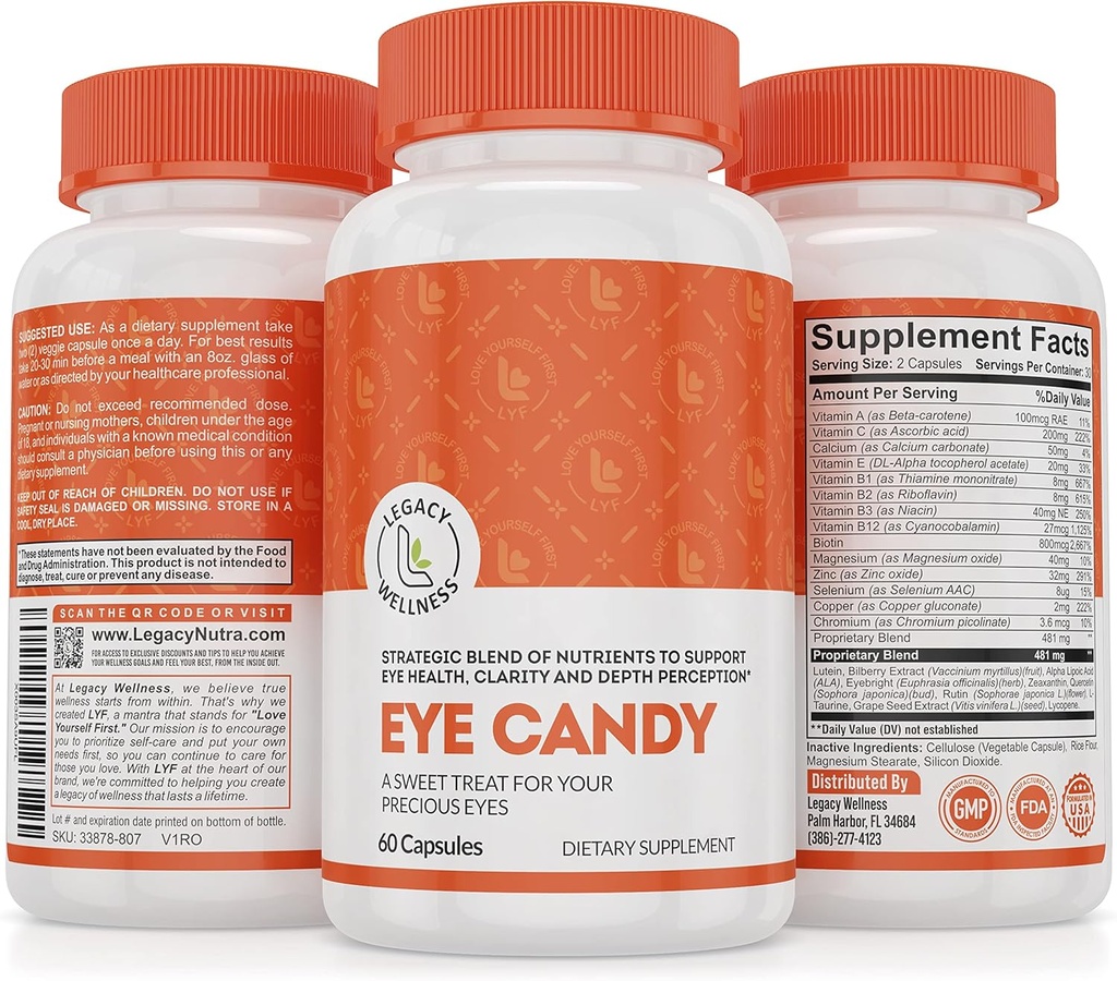 遗产 井眼 糖果眼 维生素 配Lutein, Zeaxanthin, Calcium, Biotin, 铜, 锌药 + 支持老年人的视觉健康 + 眼片来自屏幕时间过多,干眼补充剂
