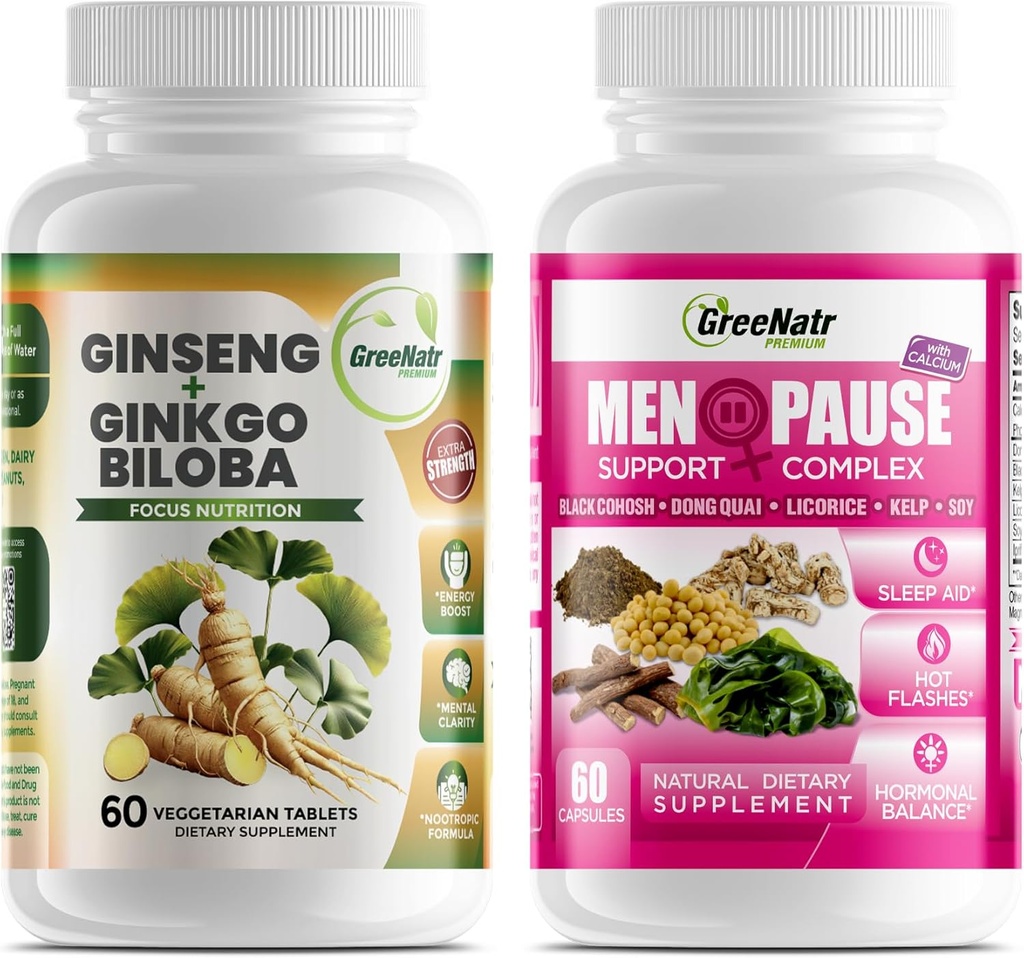 最佳健康解决方案:草药更年期支持与Ginseng + Ginkgo Biloba 能量与脑聚焦男与女助推器