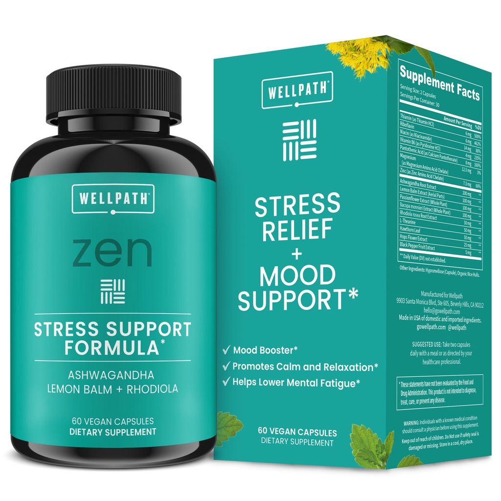 WellPath Zen压力救济补充品+Mood支助 冷静,压力和能源支助 ^ Ashwagandha Root, Rhodiola Rosea, L-Theanine, Lemon Balm → Herbal Capsules, 60 Ct