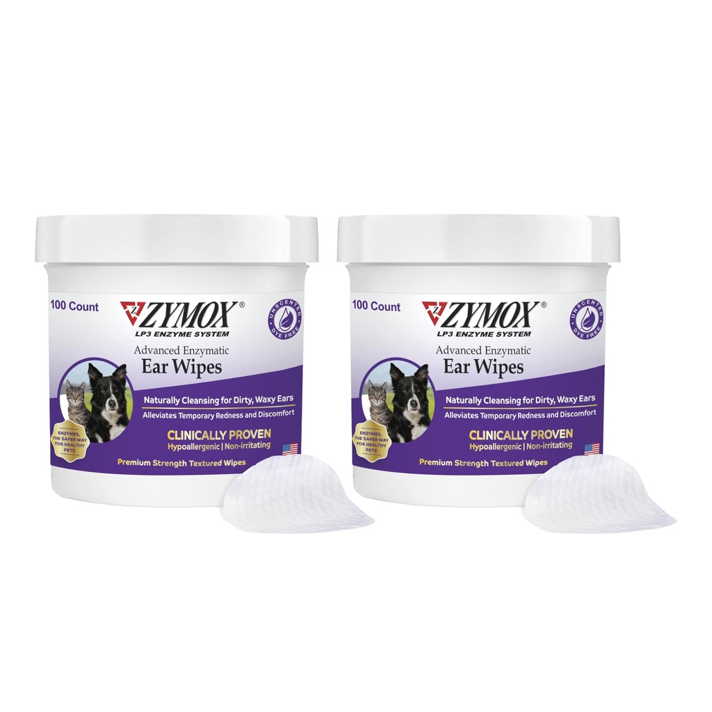 Zymox高级酶耳擦 - 狗和猫的- 脏, 蜡, 臭耳擦 - 精度强耳清洁擦 - 非刺激性 - 假致性(2个计数包)