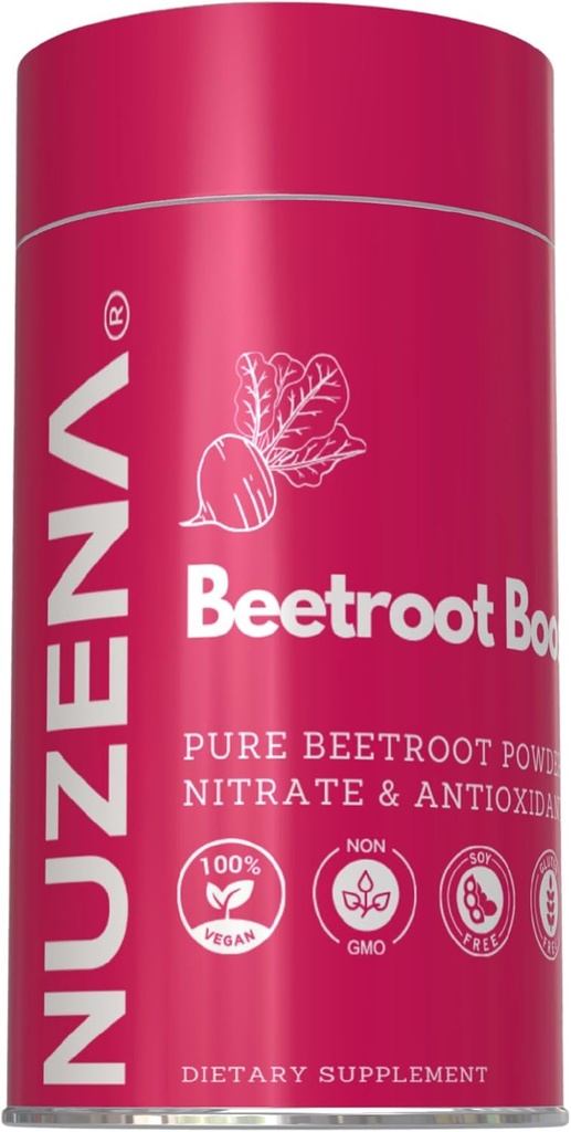 Nuzena Beetroot Boost + 1300 mg → 包装 60 Beta Vulgaris Beet 根粉瓶 → 制造于美国 Vegan, Non-GMO & Gluten Free Nitric Oxide Beet 补充 → 服务大小: 2个 Capsules