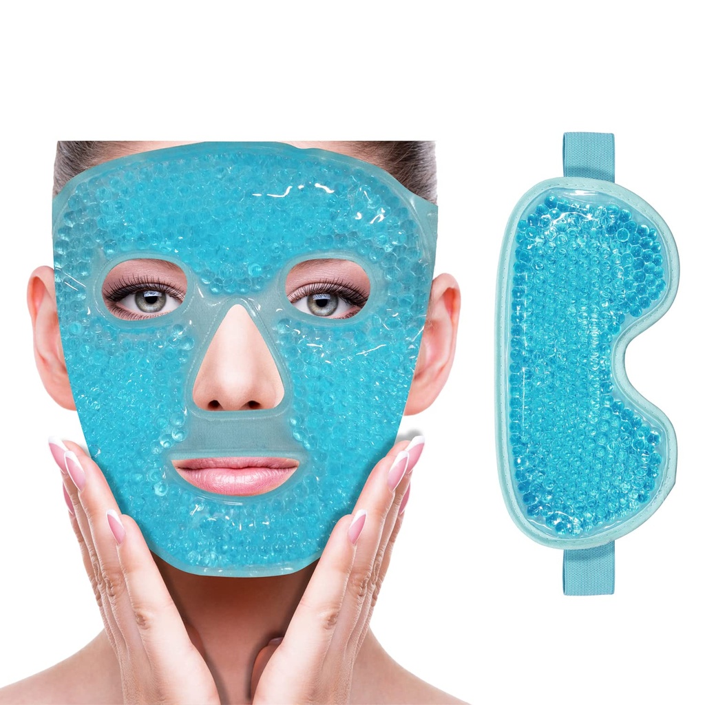 ZNÖCUETÖD 冷却冰面面罩,用于减少阴毛,眼下袋,西努斯,红色, Pain Relief, Dark Circles, Migraine, Hot/Cold Pack with Soft Plush Backing (蓝色(1*眼罩+1*面罩)).
