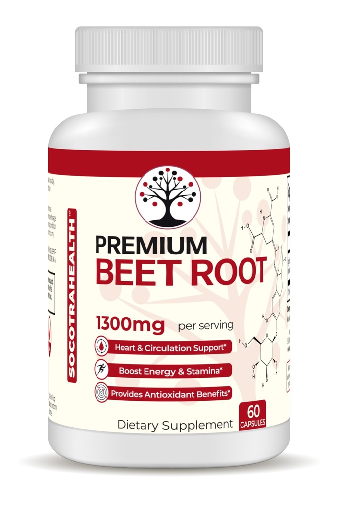 Beet Root Capsules - Premium Organic Beetroot Powder - Nitric Oxide 补充 - 心脏健康,流通和 Stamina 支持 - 非GMO - 60 Vegan Capsules