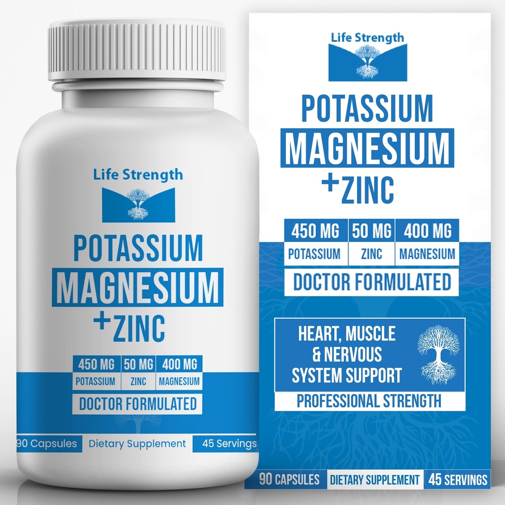 生命力 镁钾补充剂 + 锌 90 Capsules for Vascular Health – High Absociation Vegan, 腿板和睡眠的天然成分补充剂
