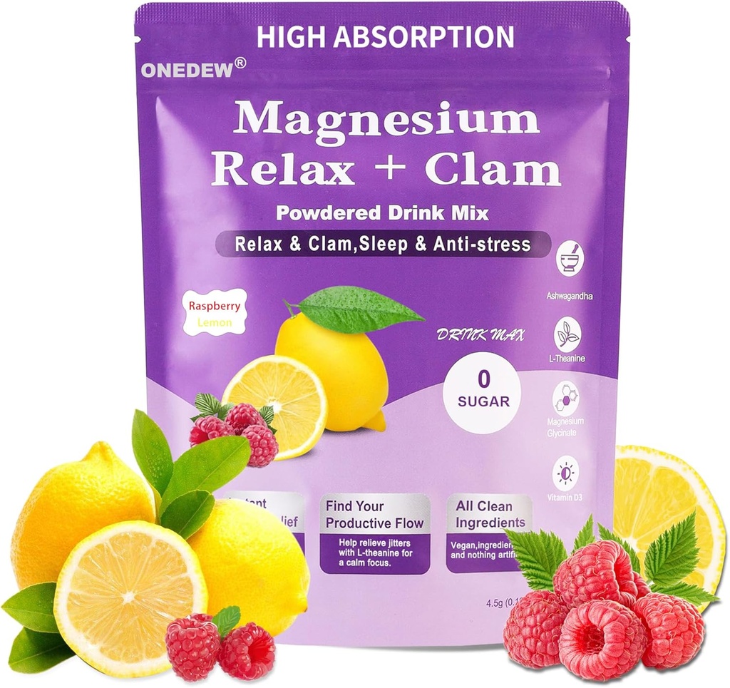 冷却镁粉 自然冷却 饮料 Cortisol 饮料 Mix Powder, L- Theanine, Magnesium Glycnit, Ksm-66 Ashwagandha 抗压力放松睡眠20包