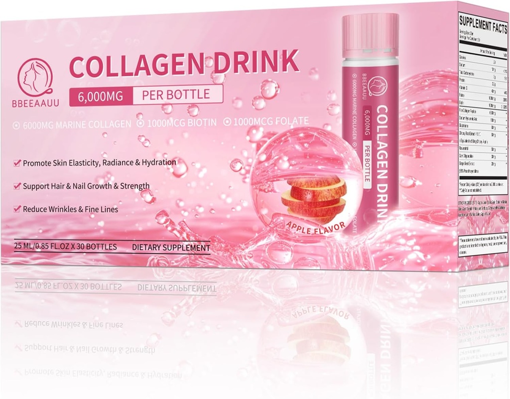 Collagen Drink 6000mg Marine Collagen Peptides, Liquid Collagen Shots for Women with Hyaluronic Acid, Vitamin C, Collagen Supplements Support Skin, Hair & Nail, 0.85 Fl.Oz x30 Bottles, Apple Flavor