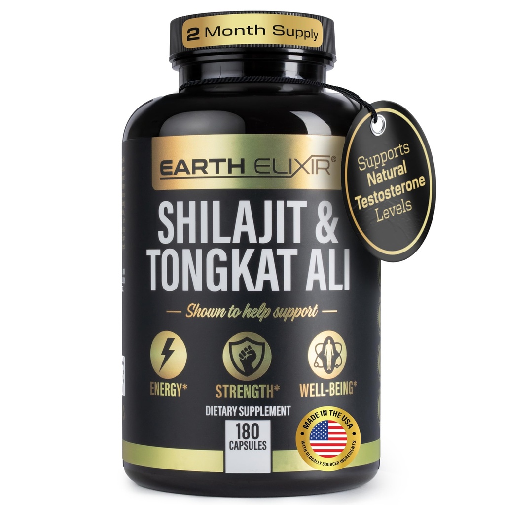 Earth Elixir Shilajit 1000mg & Tongkat Ali 400mg(180 Capsules) 由美国-希拉吉特补编制造(20%富尔维奇酸) Shilajit纯喜马拉雅有机和Tongkat Ali 供男子使用 比 Shilajit Resin 更有能力