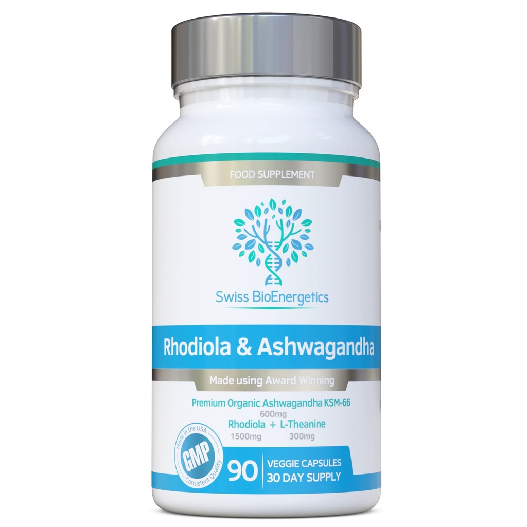 Rhodiola & Ashwagandha 配有 L- Theanine - 获奖 Ashwagandha KSM-66 600mg & 1500mg Rhodiola (3% Rosavins - 1% Salidrosides) 全根等效-适配体组合- 无人工填充器