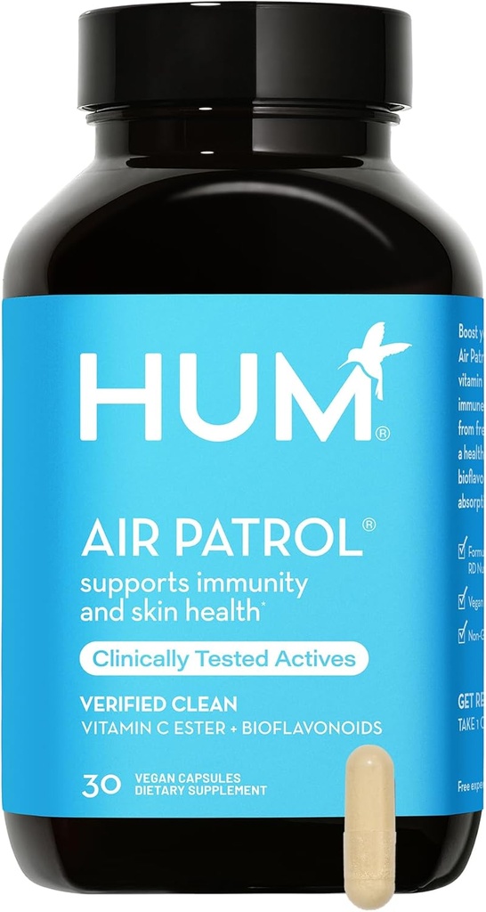 HUM 空中巡逻免疫支助补编,配有维生素C和Citrus Bioflavoids、Vegan Vitamin C 男女辅助用品、支持皮肤屏障、肺健康和免疫系统、30 Vegan Capsules