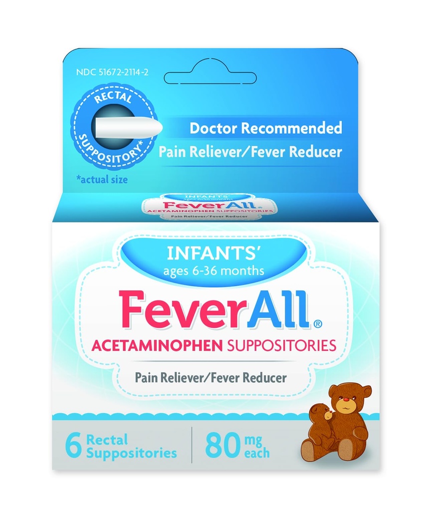 Feverl Infant Acetaminophen 假说 6 Rectal Suppositors 80mg Each Pain Reliever/Fever Reductioner. Paraben Free,无人工颜色或其他防腐剂. 6-36岁