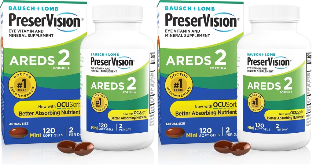 PreserVision AREDS 2 眼维生素和矿物补充剂,包含Lutein,维生素C,Zeaxanthin,锌和维生素E,120软胶(包装May Vary)(包2)