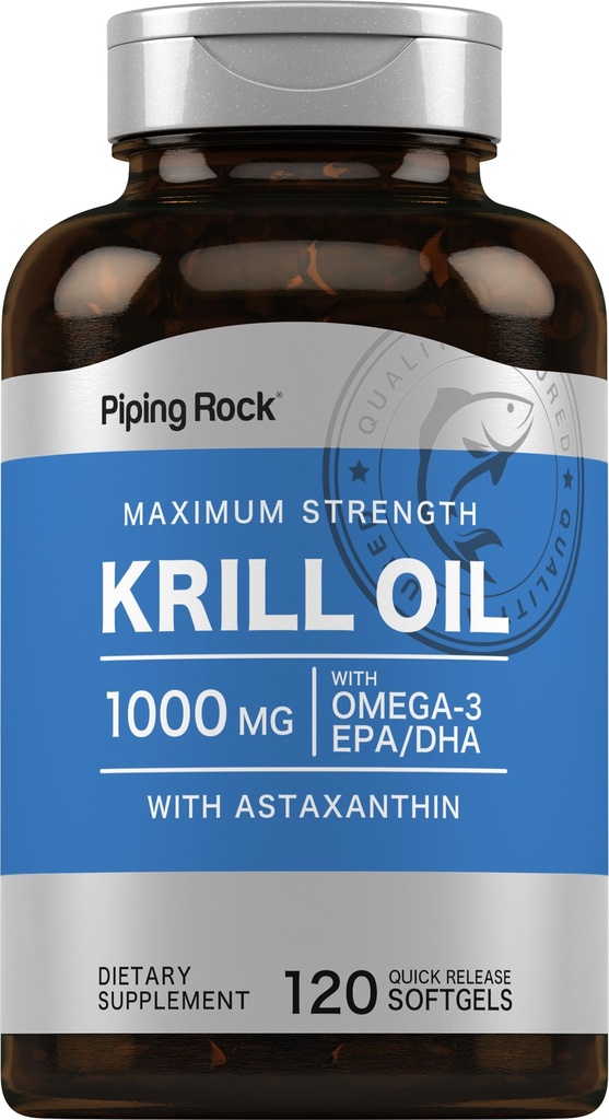 Piping Rock Krill Oil Omega 3 Softgel Capsules + 1000 mg + 120 Counter + EPA DHA 配有 Astaxanthin + 最大力量 → 非GMO, Gluten Free