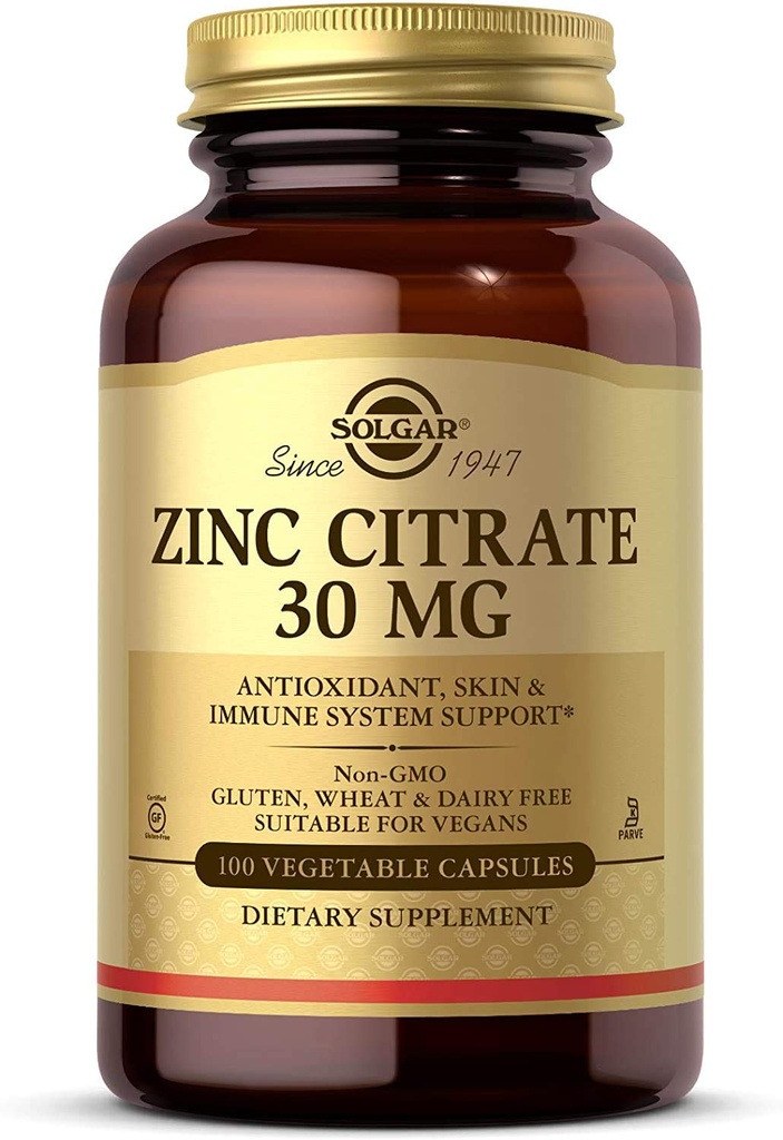 Solgar Zinc Citrate 蔬菜瓶盖, 100 Counter, Non-GMO, Gluten Free, 和Kosher, 支持免疫系统健康, 健康的皮肤和眼睛, 正常的味道和视觉
