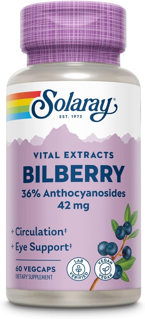 SOLARAY Bilberry Berry 抽取42毫克,眼健康与环流支持,其中36%为安托恰诺西类,Vegan,60为Veg Caps