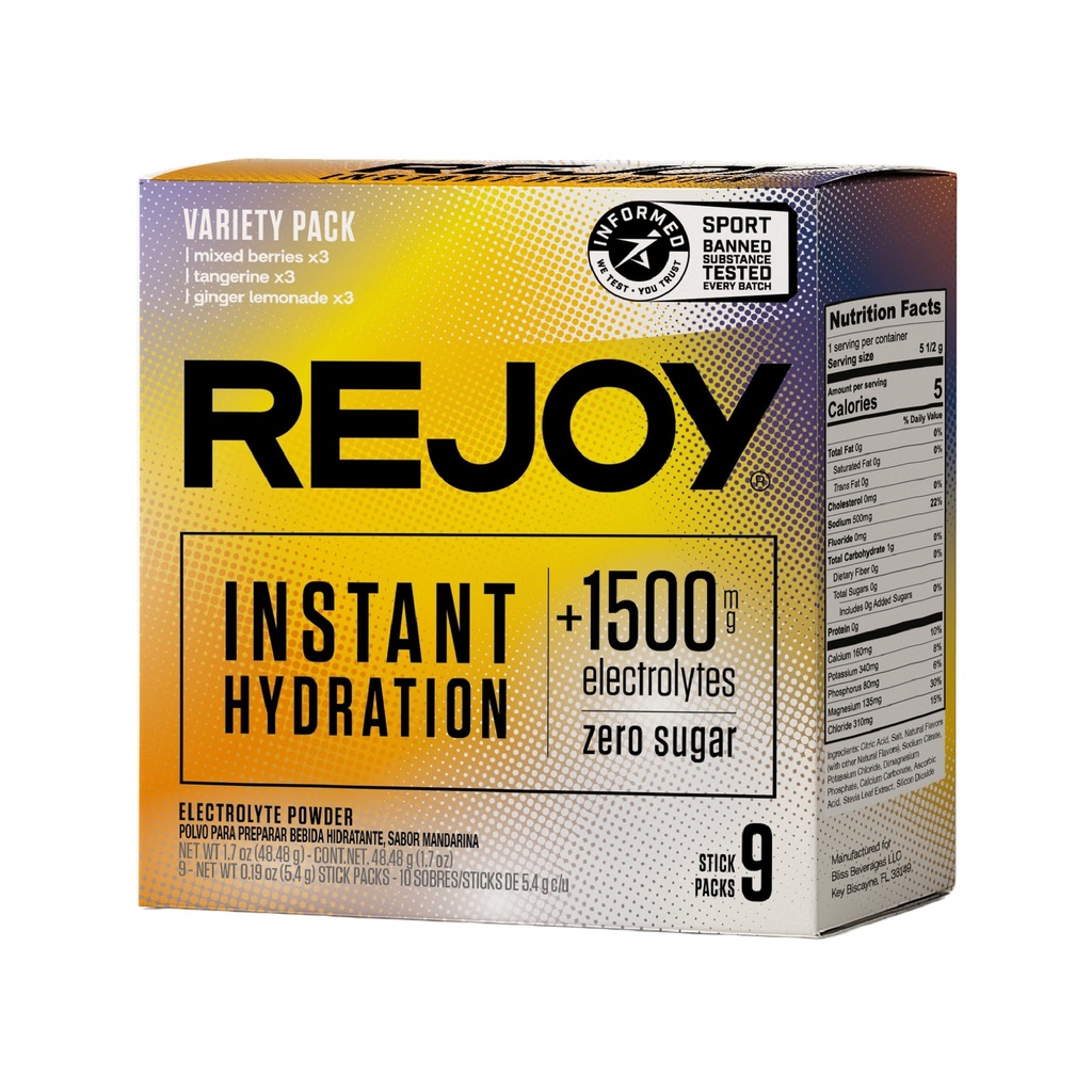 Rejoy – Electrolyte Powder Packets, 9 Sticks – 水利饮料混合剂补充剂 – 无糖, Keto 和 Paleo Friendly, Vegan, Non-GMO, 轻松开放单服务棒(Variety Pack)