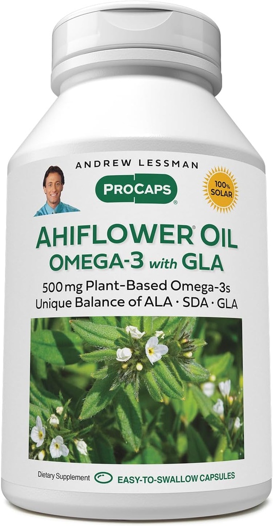 Andrew Lessman Ahiflower Omega-3 with GLA - 60 Softgels - 唯一平衡的植物基基本Omega-3脂肪酸源. 无胃气逆,污染物或水星. 容易吞下来