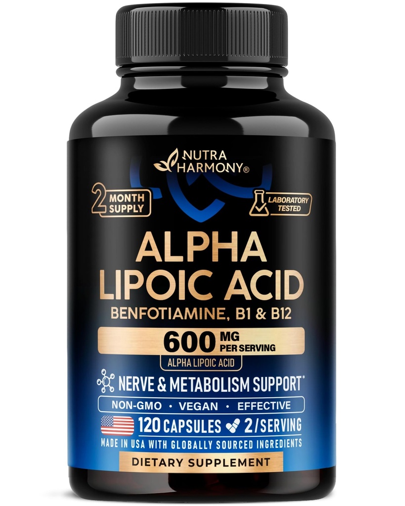 Alpha Lipoic Acid 600mg - ALA 补充Nerve的抗氧化剂,能量和代谢支持 - 外加Benfotiamine, B1 & B12 - 实验室测试,N-GMO & Vegan - 120 Capsules, 2个月供应量
