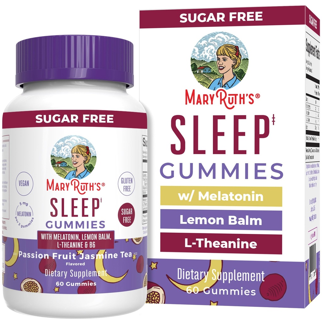 MARYRUTH的Melatonin 5 mg 与L-Theanine 一起睡Gummy 与L-Theanine 柠檬鲍姆 |维生素B6 |无糖 |放松 | Vegan | Non-GMO | Gluten | Free | 60 计数