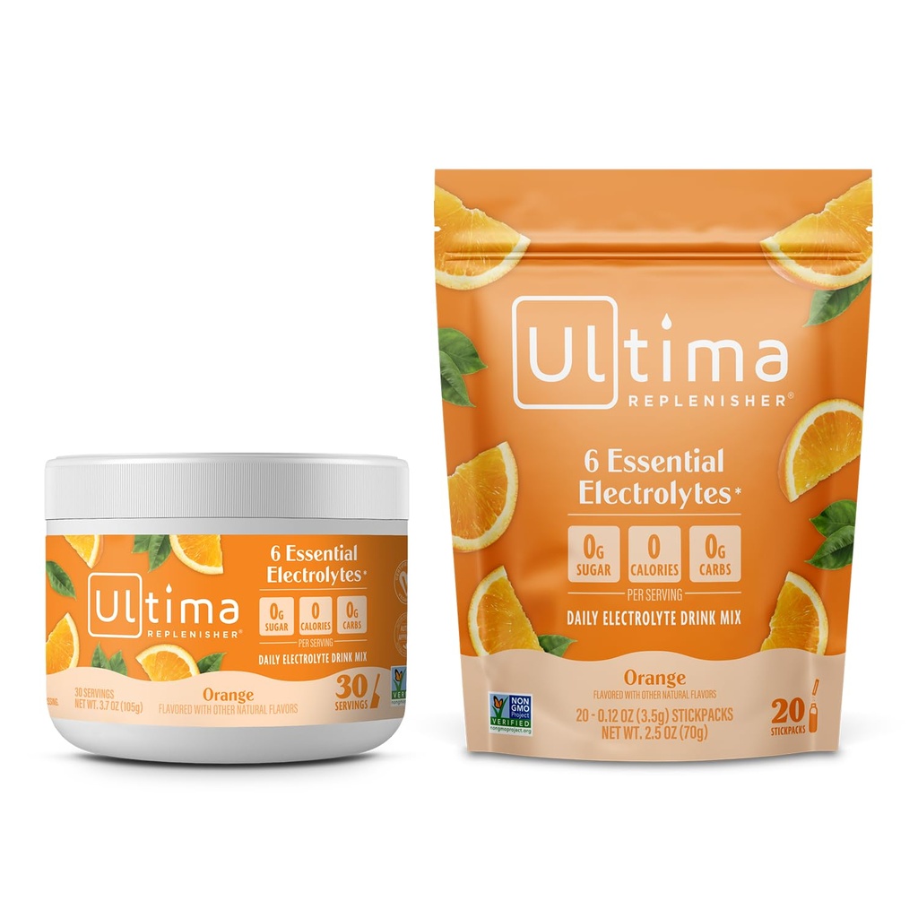 Ultima Electrolyte Powder Drink Mix Bundle – 免糖箱 – 橙色,30个服务罐和20个棒包 – 6个电解质和矿物 – Keto Friendly, Vegan, Non-GMO